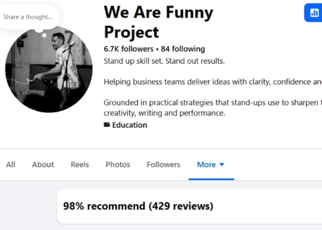 Facebook page for We Are Funny Project showing 98% recommend (429 reviews), screenshot from 12 October 2026