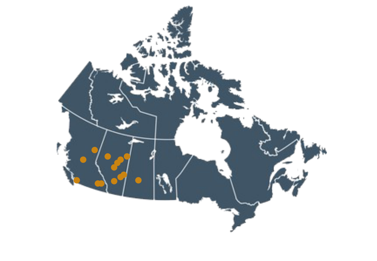 Map of Canada with dots where WSC provided safety services to