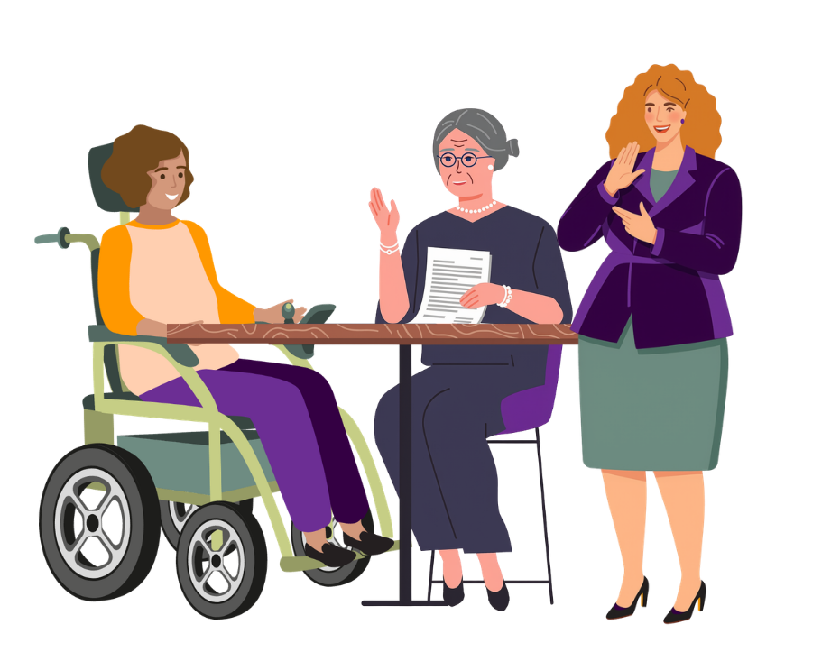 An illustration of three individuals sitting at an office table discussing a document.